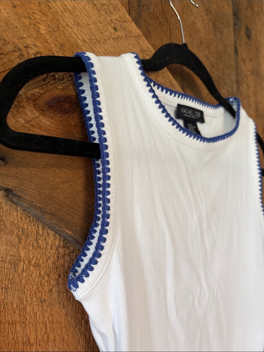Rachel Zoe White Ribbed Tank with Blue Scallop Trim - Picture 3 of 6